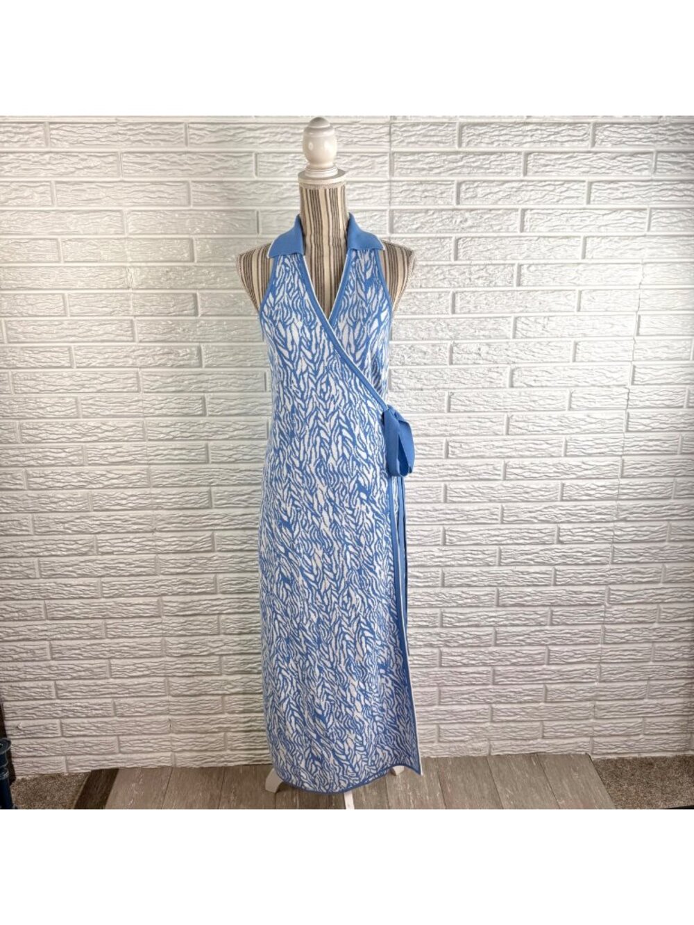 Diane Von Furstenberg Midi Wrap Knit Sweater Dress Blue Sea Twig Collared Large